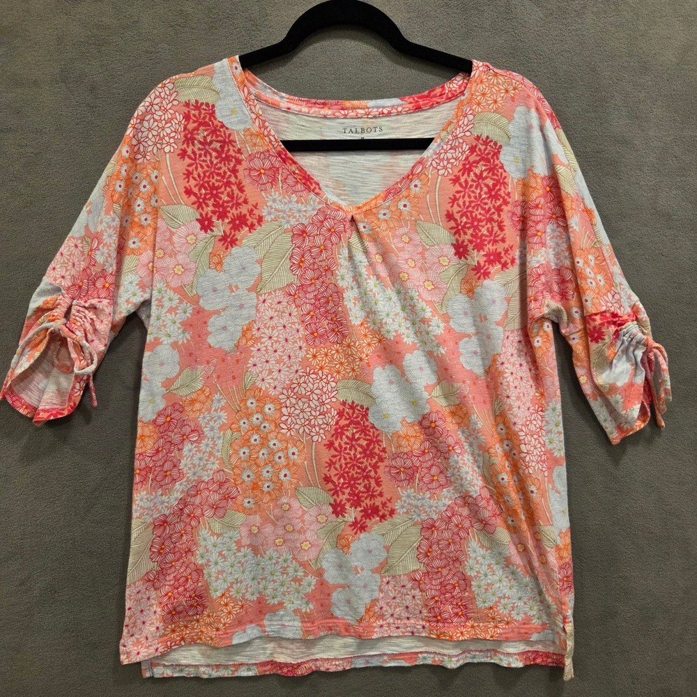 Talbots Floral V-Neck Top Womens Size Medium Ruched SleevesCasual Boho Cottage